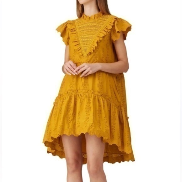 House of Harlow NWT mustard  cotton eyelet ruffle short sleeve mini dress M - Picture 1 of 8